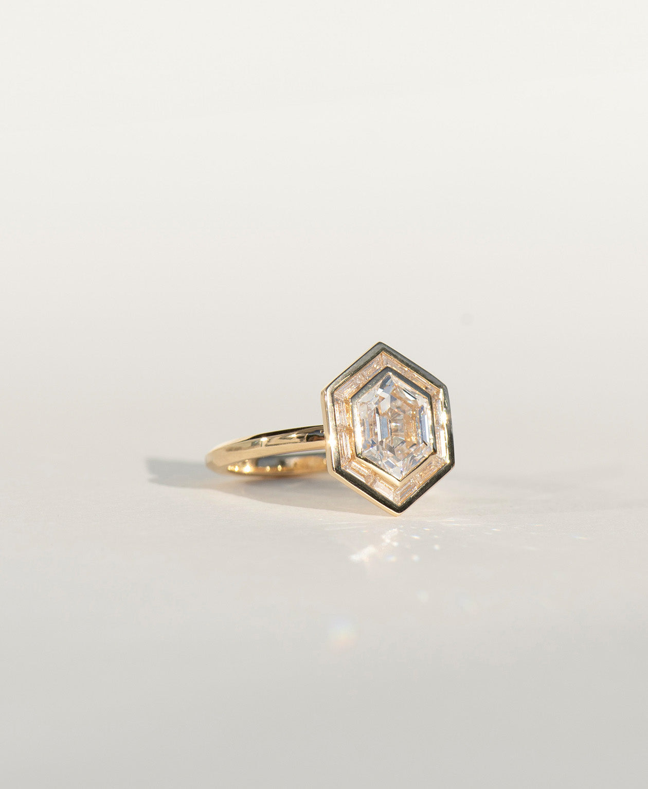 Frida Halo Engagement Ring - 18k Yellow Gold, Elongated Hexagonal Step Cut Lab Grown Diamond 1.77 carat