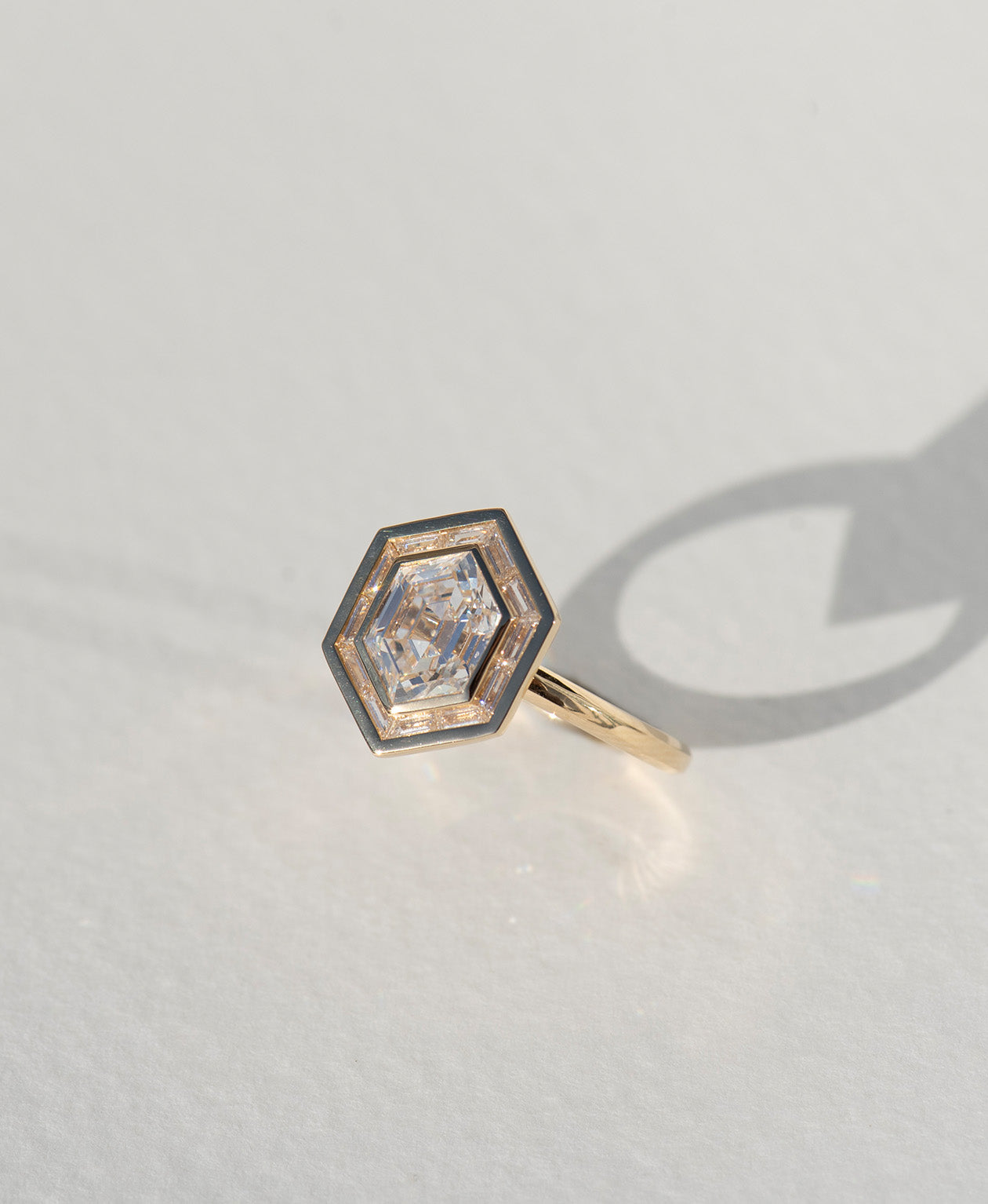 Frida Halo Engagement Ring - 18k Yellow Gold, Elongated Hexagonal Step Cut Lab Grown Diamond 1.77 carat