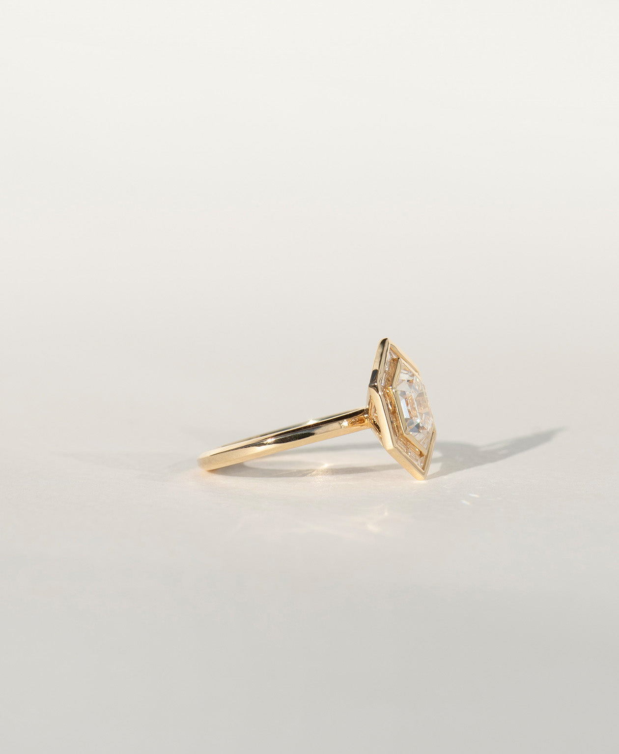 Frida Halo Engagement Ring - 18k Yellow Gold, Elongated Hexagonal Step Cut Lab Grown Diamond 1.77 carat