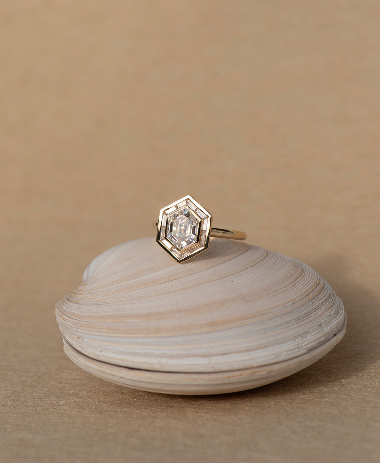 Frida Halo Engagement Ring - 18k Yellow Gold, Elongated Hexagonal Step Cut Lab Grown Diamond 1.77 carat