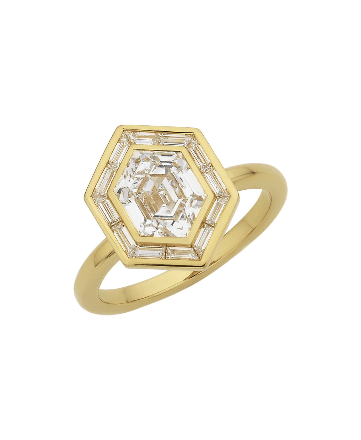 Frida Halo Engagement Ring - 18k Yellow Gold, Elongated Hexagonal Step Cut Lab Grown Diamond 1.85 carat