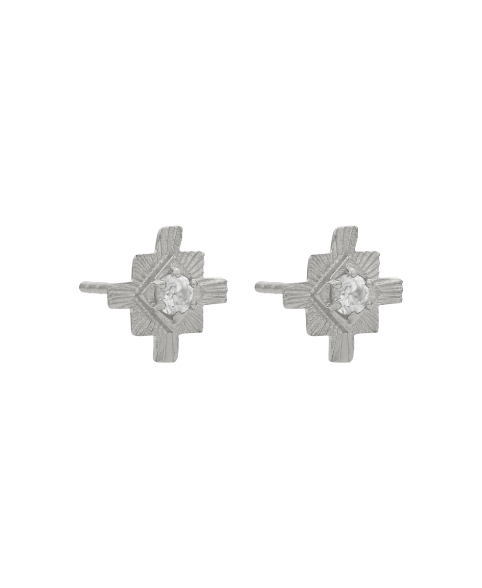 Inka Studs - 925 Sterling Silver, White Zircon