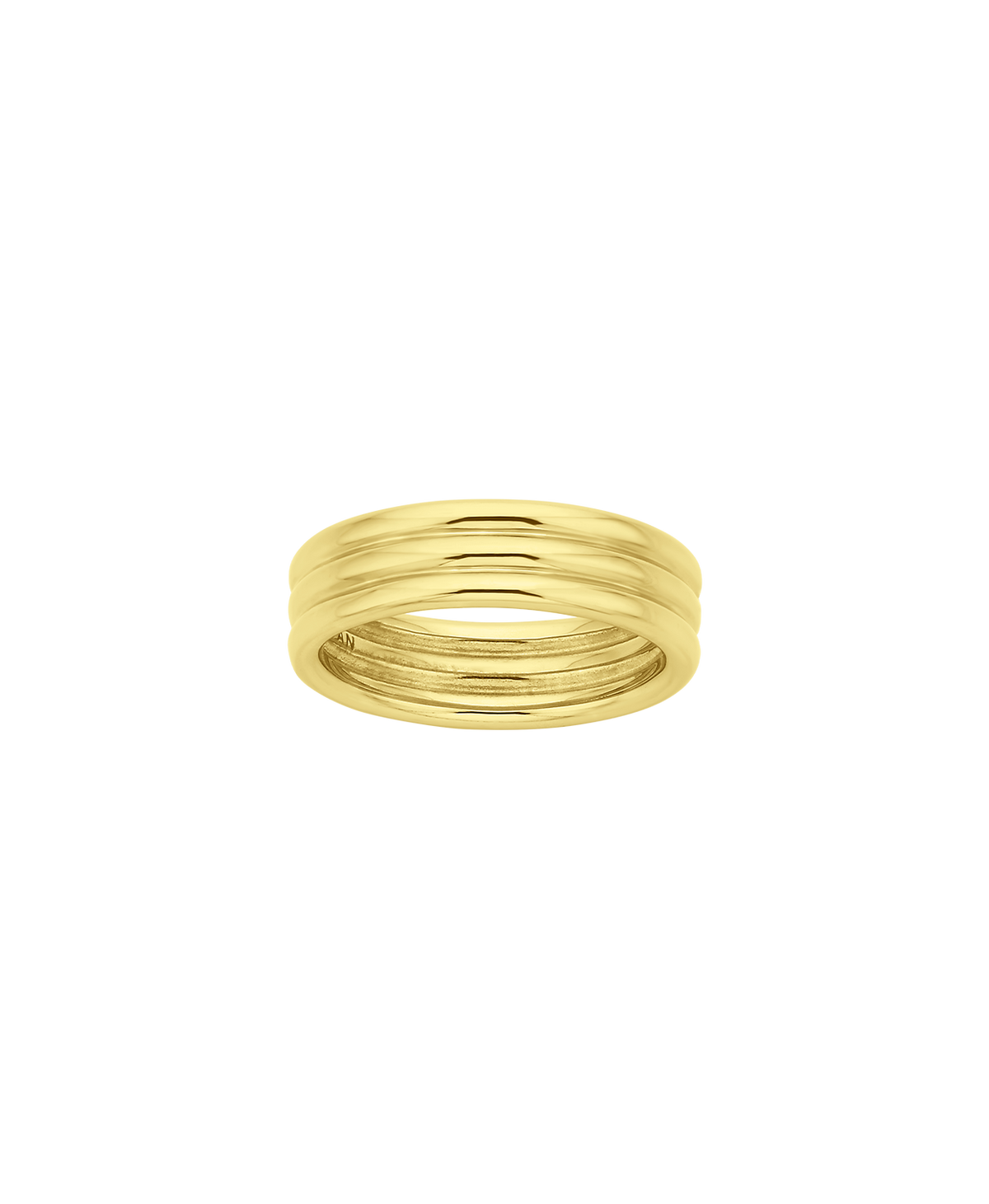 A clearcut of the gold Irma Stacker Ring, formed from three connected bands, layered closely.