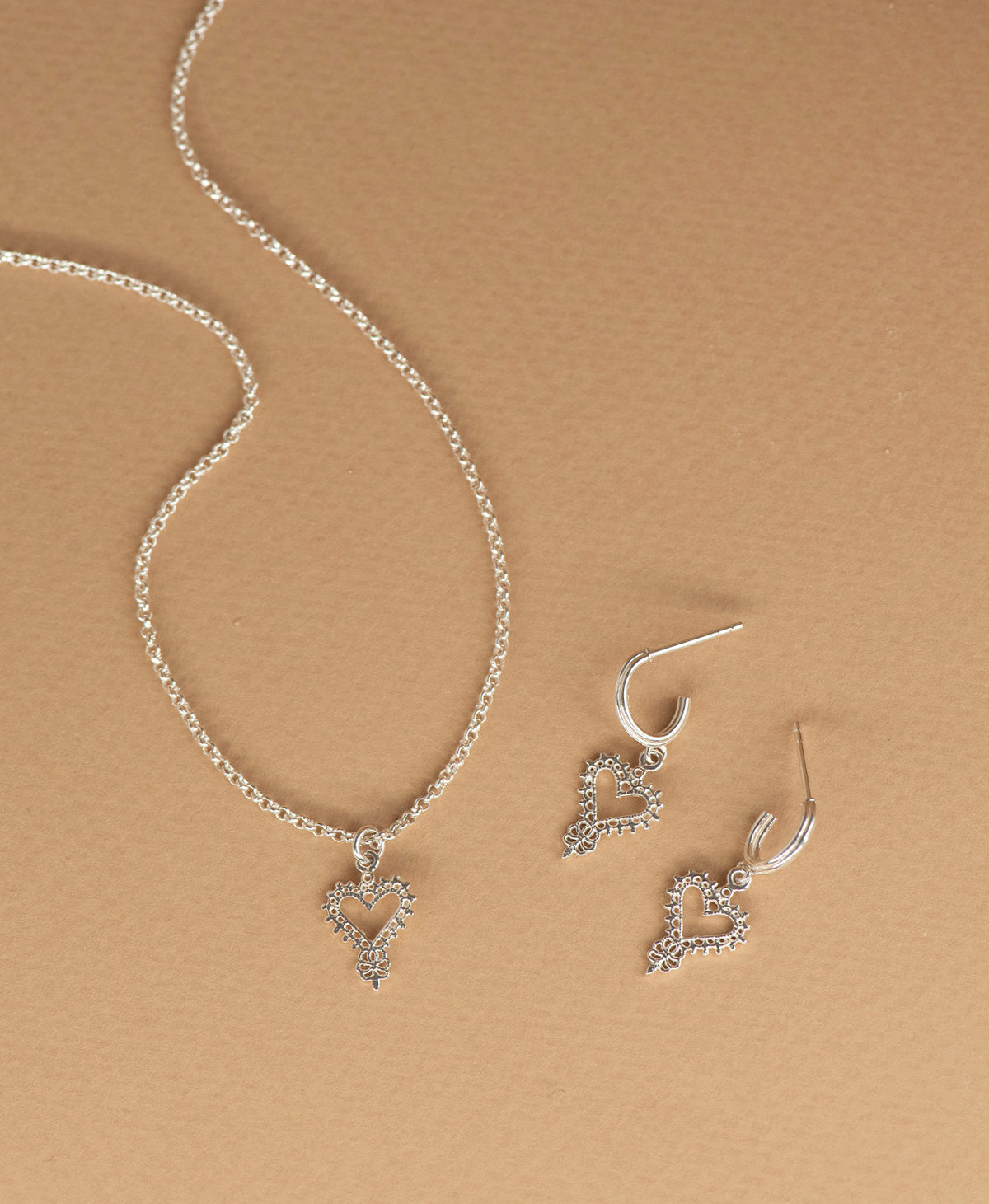 Mini Gypsy Heart Necklace and Earrings Gift Set - 925 Sterling Silver