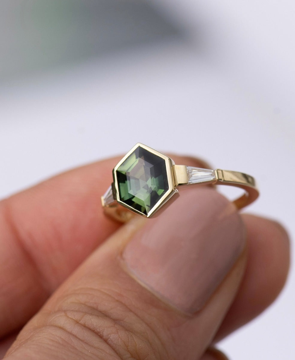 Mira Engagement Ring - 18k Yellow Gold, Hexagonal Cut Green Sapphire 1.86 carat