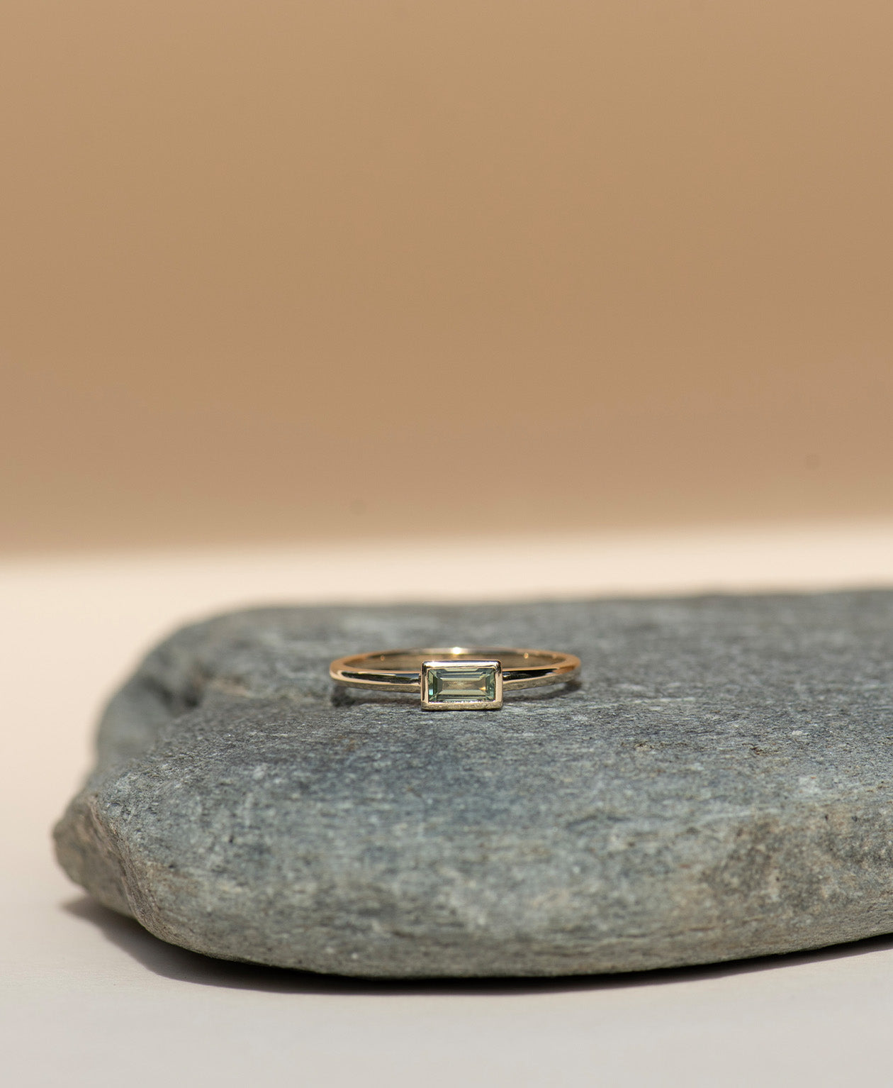 Mon Petit Stacker Ring - 9k Yellow Gold, Baguette Cut Green Sapphire