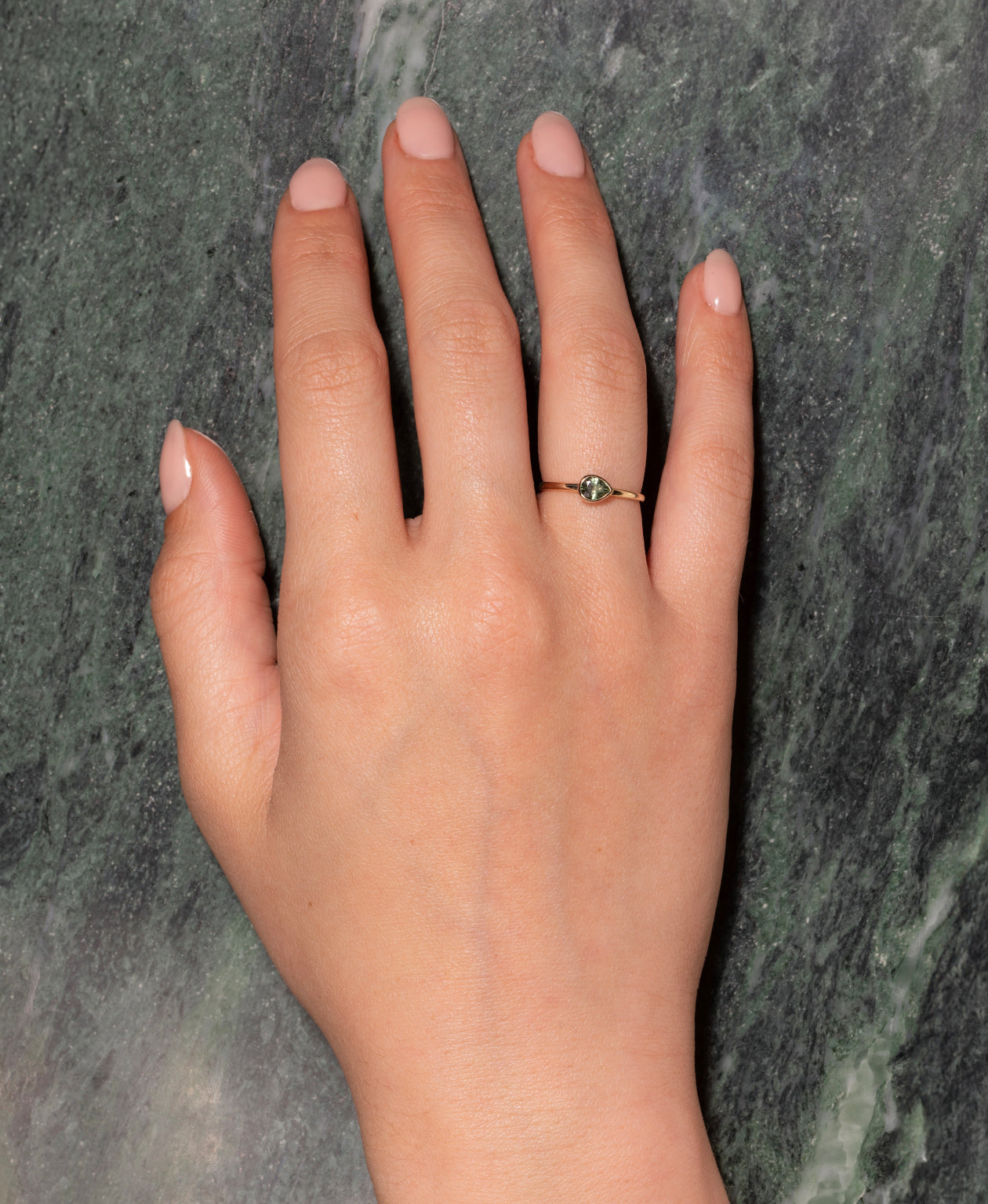 Mon Petit Stacker Ring - 9k Yellow Gold, Pear Cut Green Sapphire