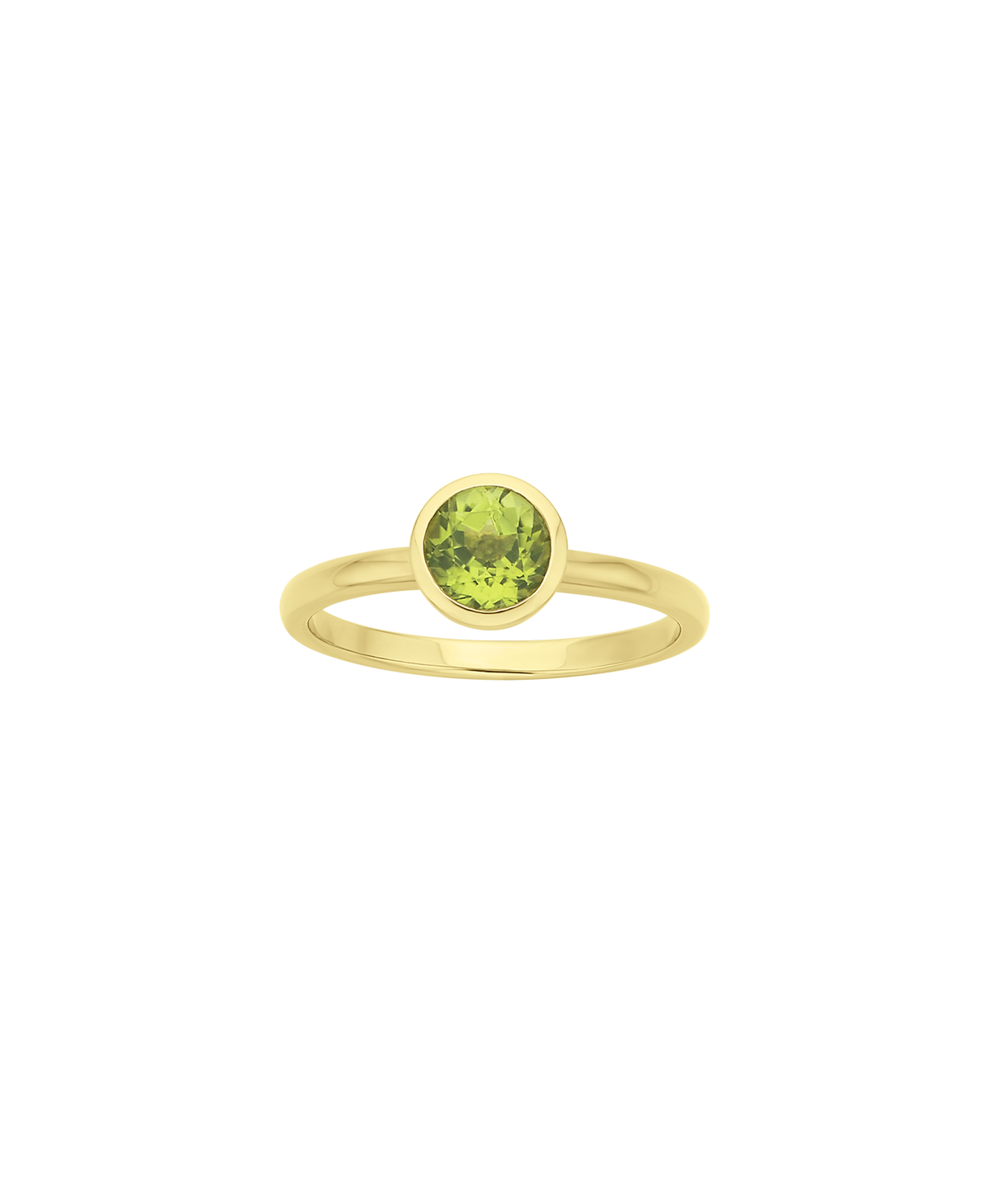 A clearcut of the gold Mon Petit Stacker Ring with a bezel set, round cut Peridot.