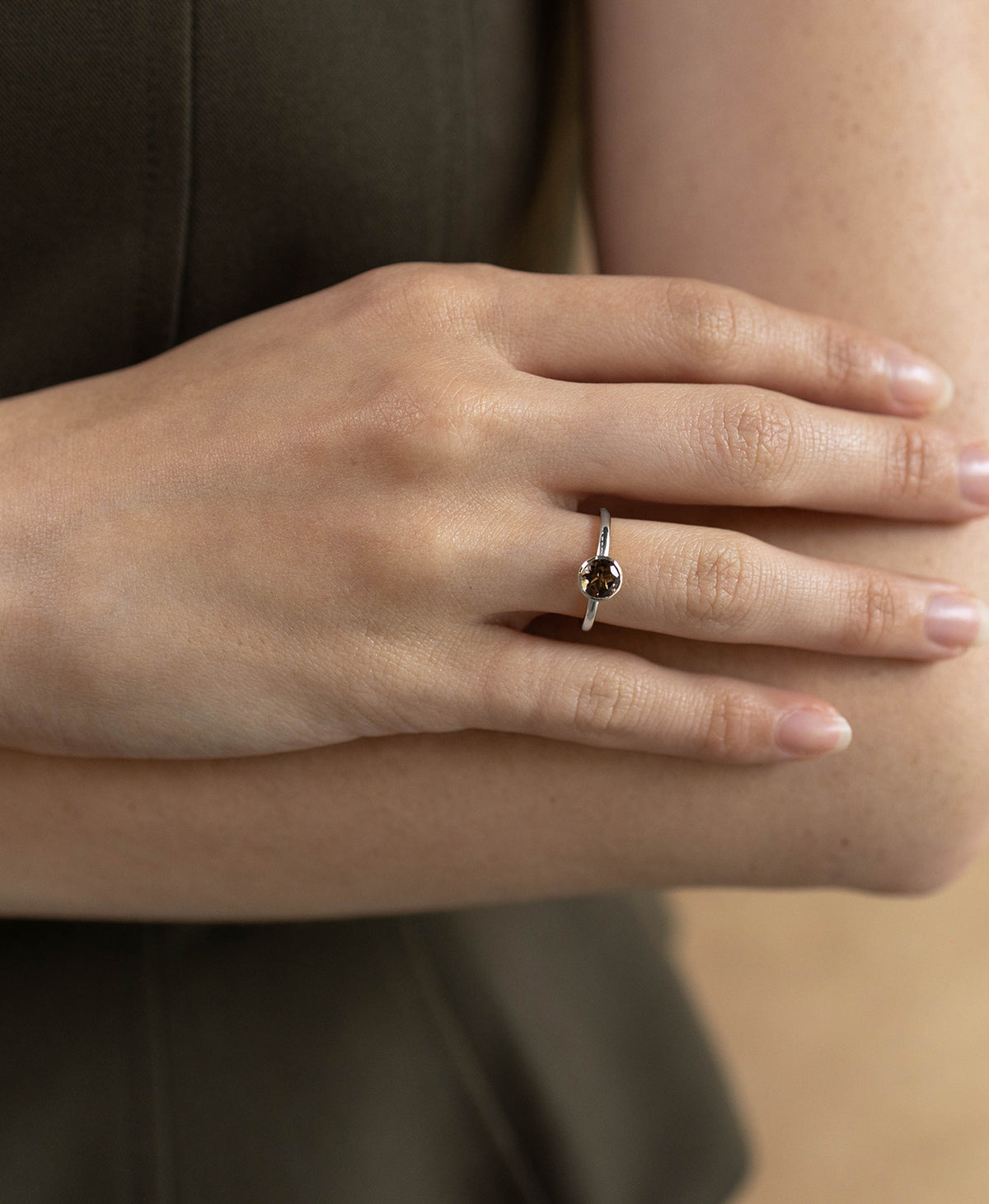 Mon Petit Stacker Ring - 925 Sterling Silver, Round Smoky Quartz