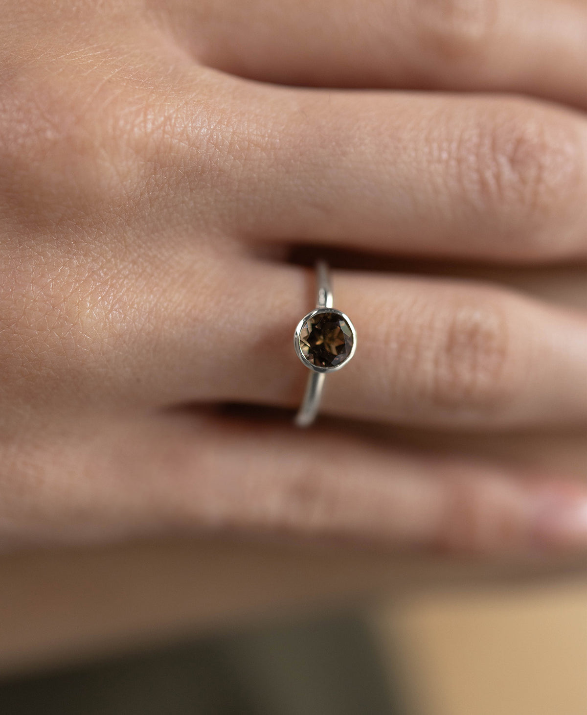 Mon Petit Stacker Ring - 925 Sterling Silver, Round Smoky Quartz