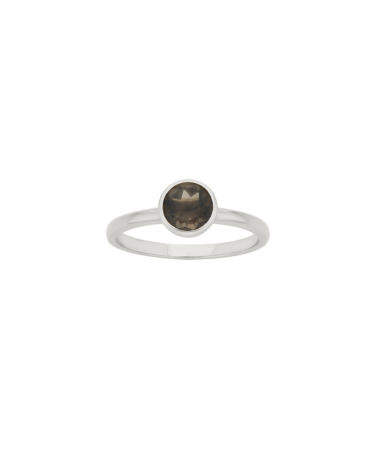 A clearcut of the silver Mon Petit Stacker Ring with a bezel set, round cut smoky quartz.