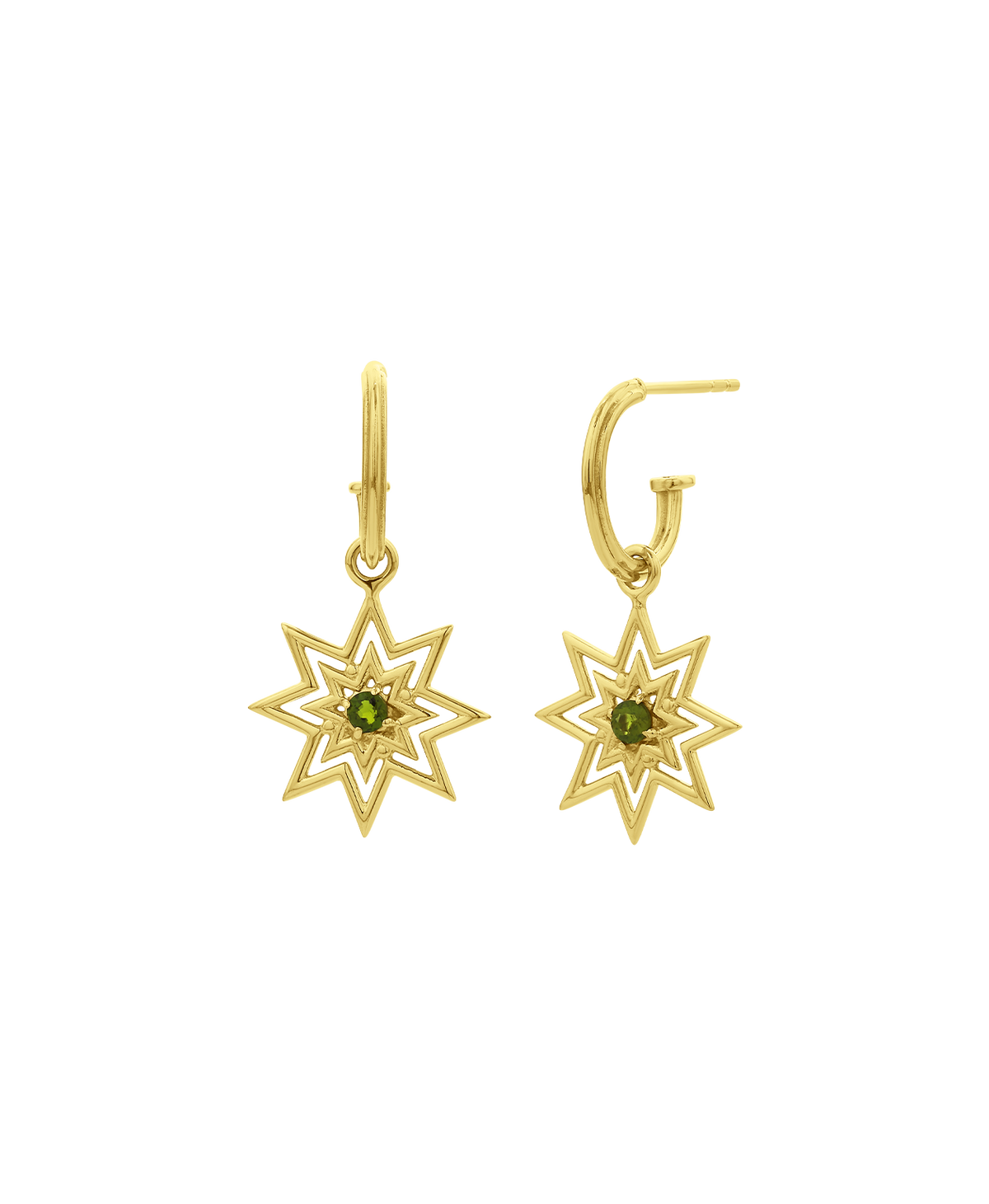 A clear cut of the gold Nora Hoops, featuring an eight pointed star suspended from a hoop.