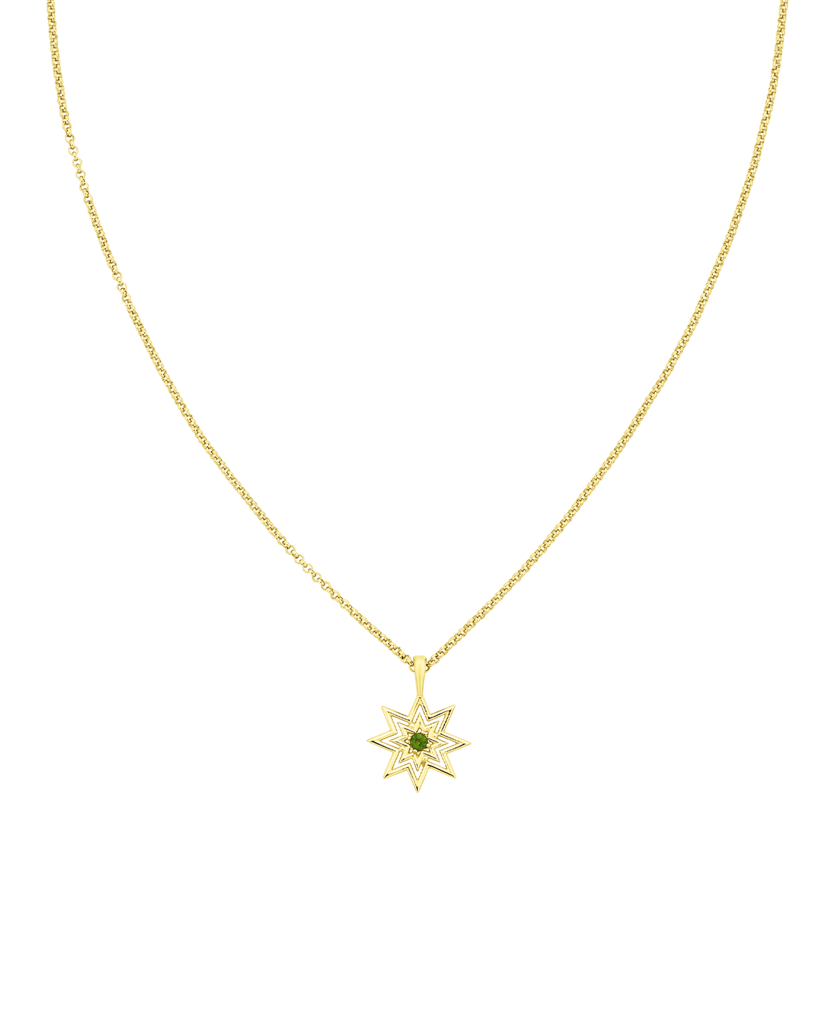 A clearcut of the Nora Necklace, a gold eight pointed star pendant with a central green stone. 