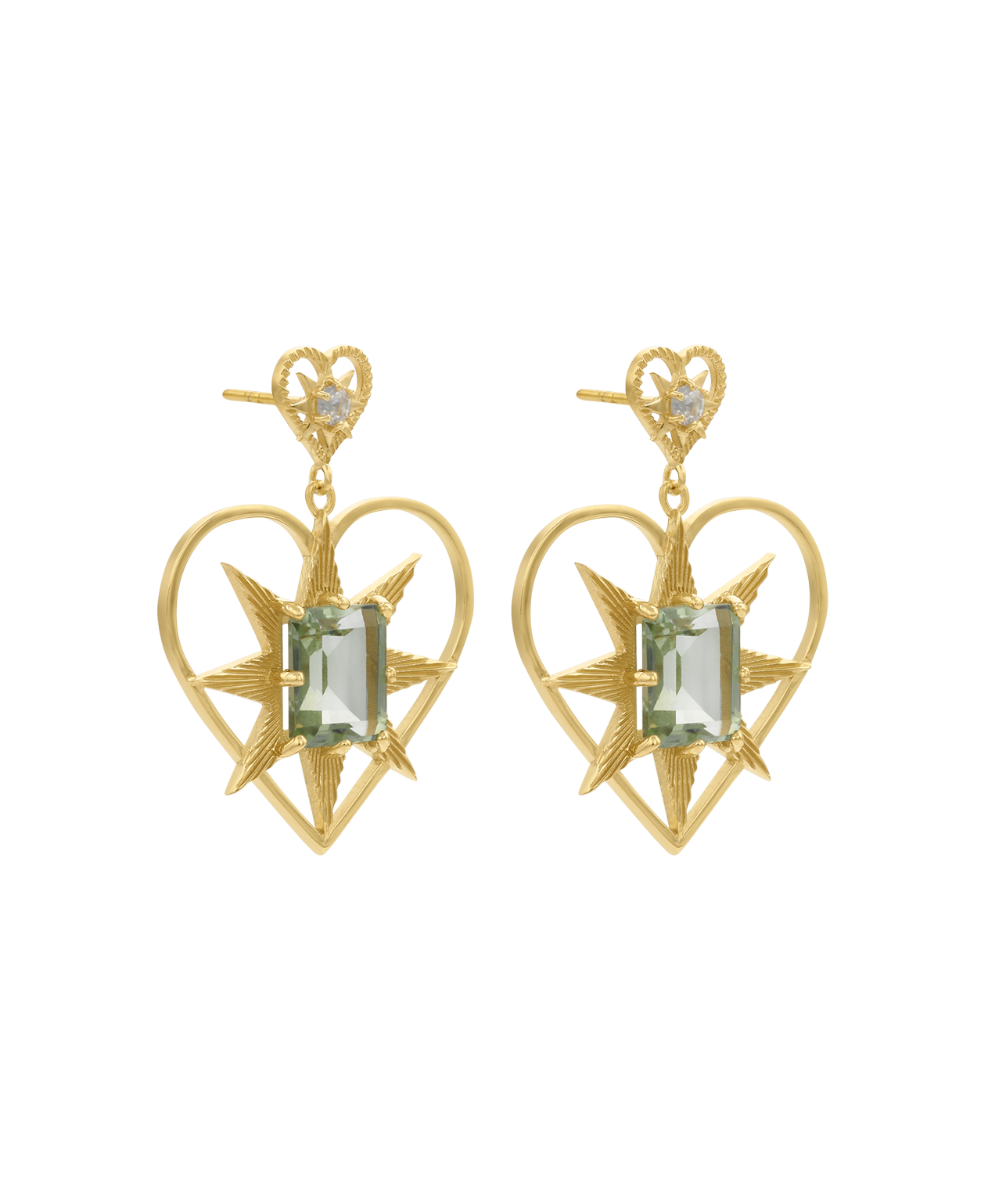 Shining Heart Earrings - 22k Gold Vermeil, Green Amethyst