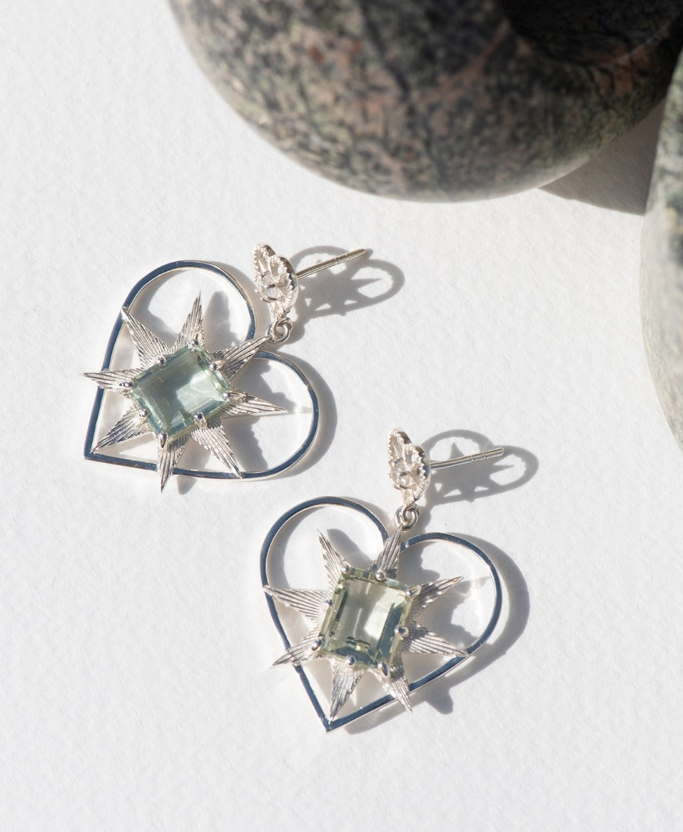 Shining Heart Earrings - 925 Sterling Silver, Green Amethyst