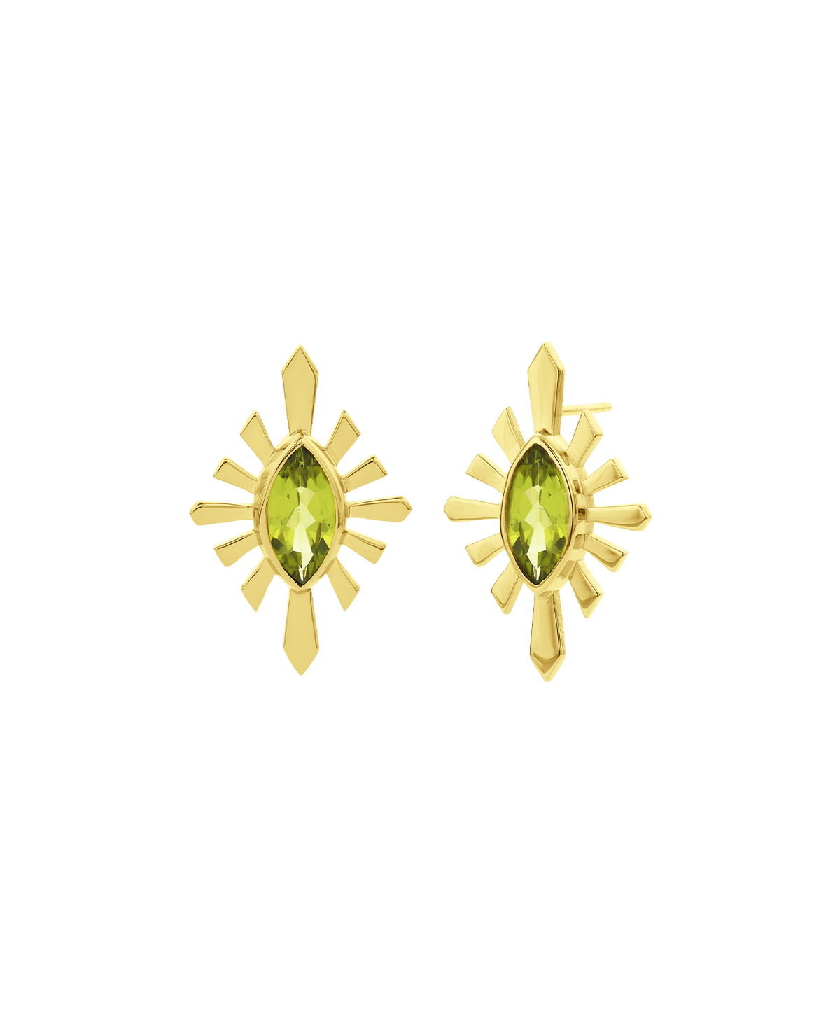 A clear cut of the Sister Studs, featuring a marquise cut peridot in a gold linear sunburst frame. 