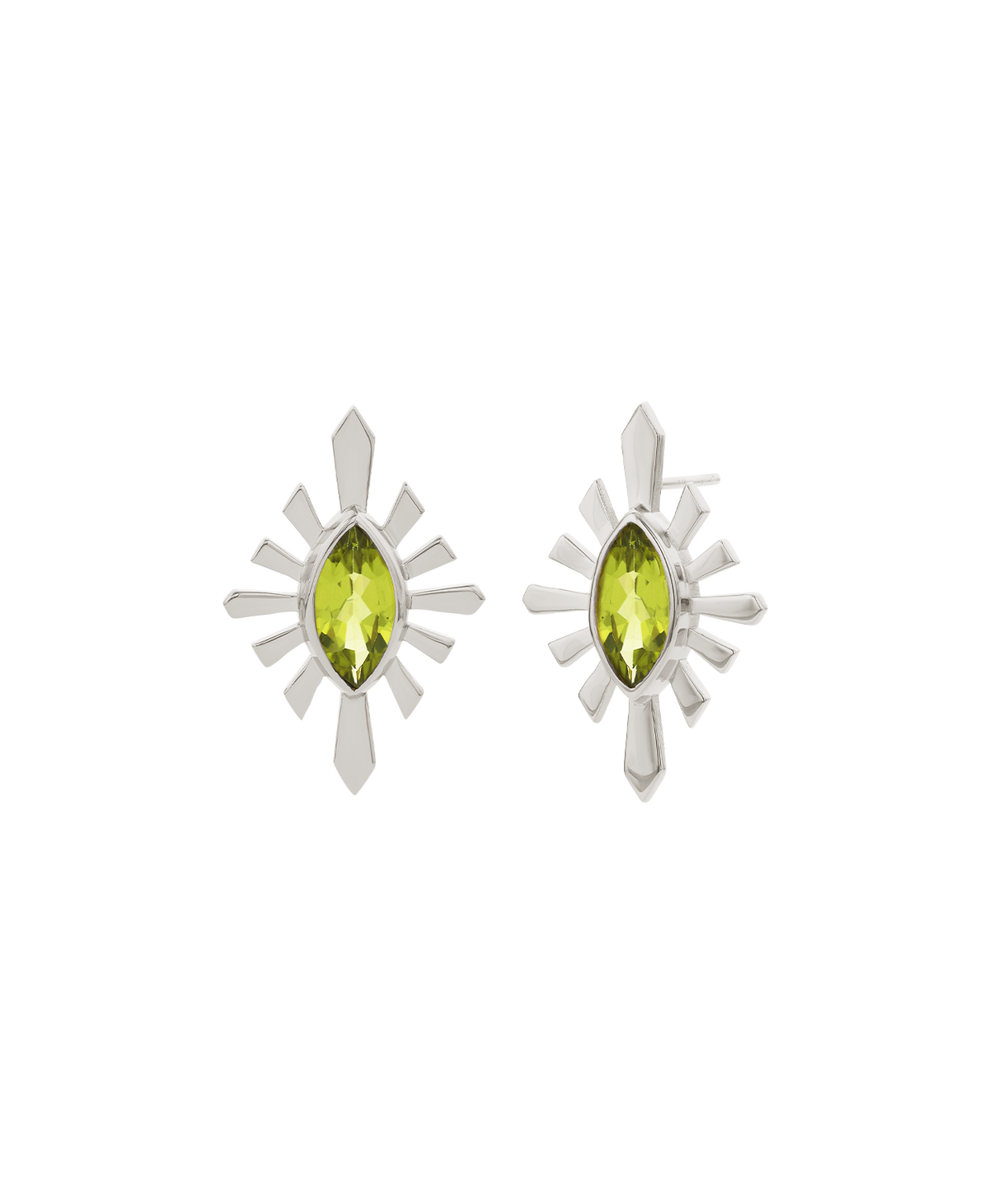 A clear cut of the Sister Studs, featuring a marquise cut peridot in a silver linear sunburst frame. 