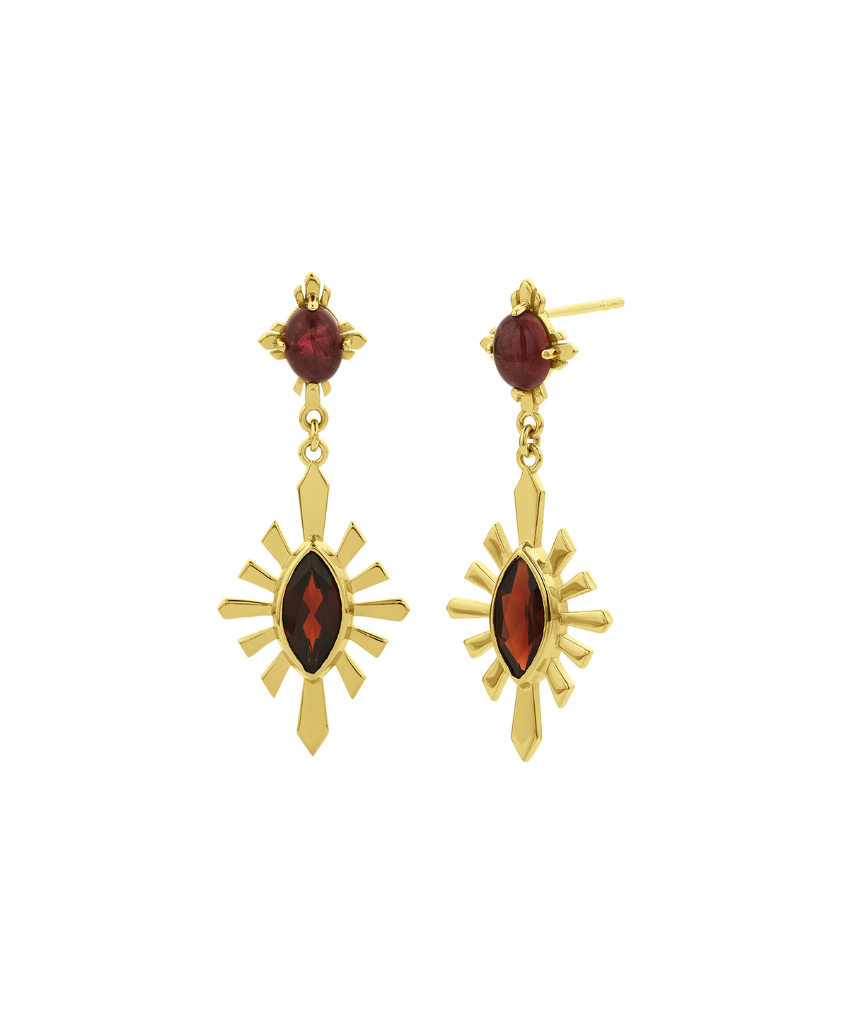 A clearcut of the  Sisterhood Earring, featuring a cabochon cut pink Tourmaline is set within a linear border, paired with a marquise cut Garnet with a sunburst frame.
