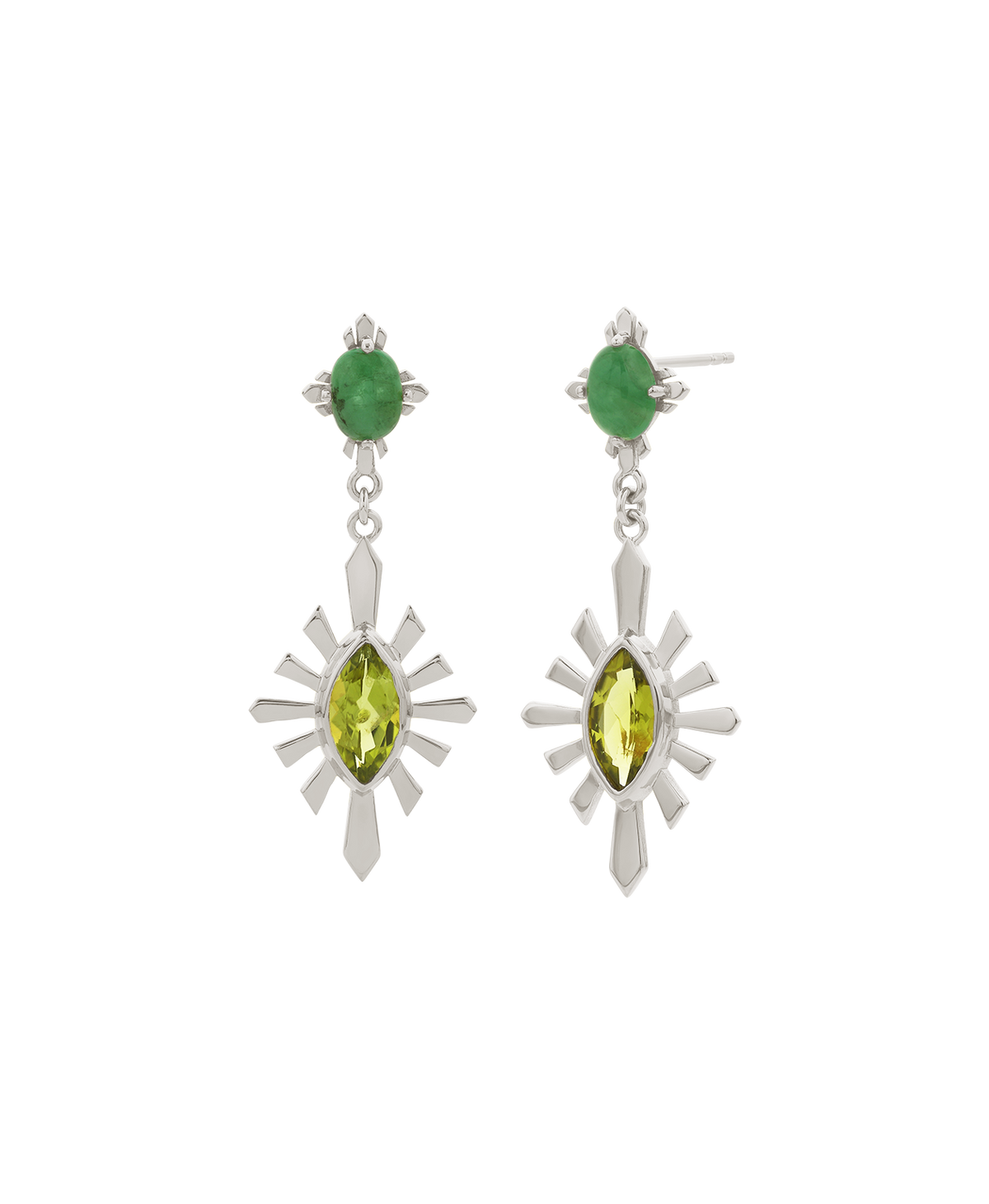 A clearcut of the silver Sisterhood Earring, featuring a cabochon cut emerald set within a linear border, paired with a marquise cut peridot with a sunburst frame.