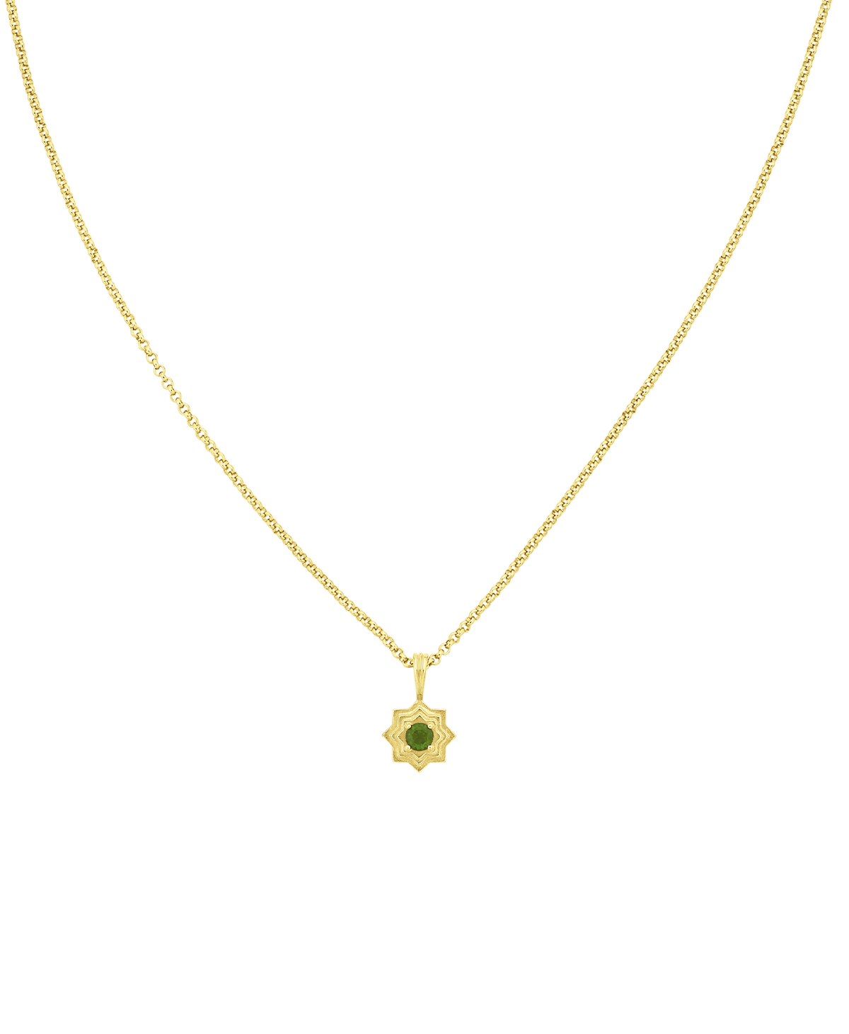 A clear cut of the Sitara Necklace, a gold star-like pendant with a central green stone. 