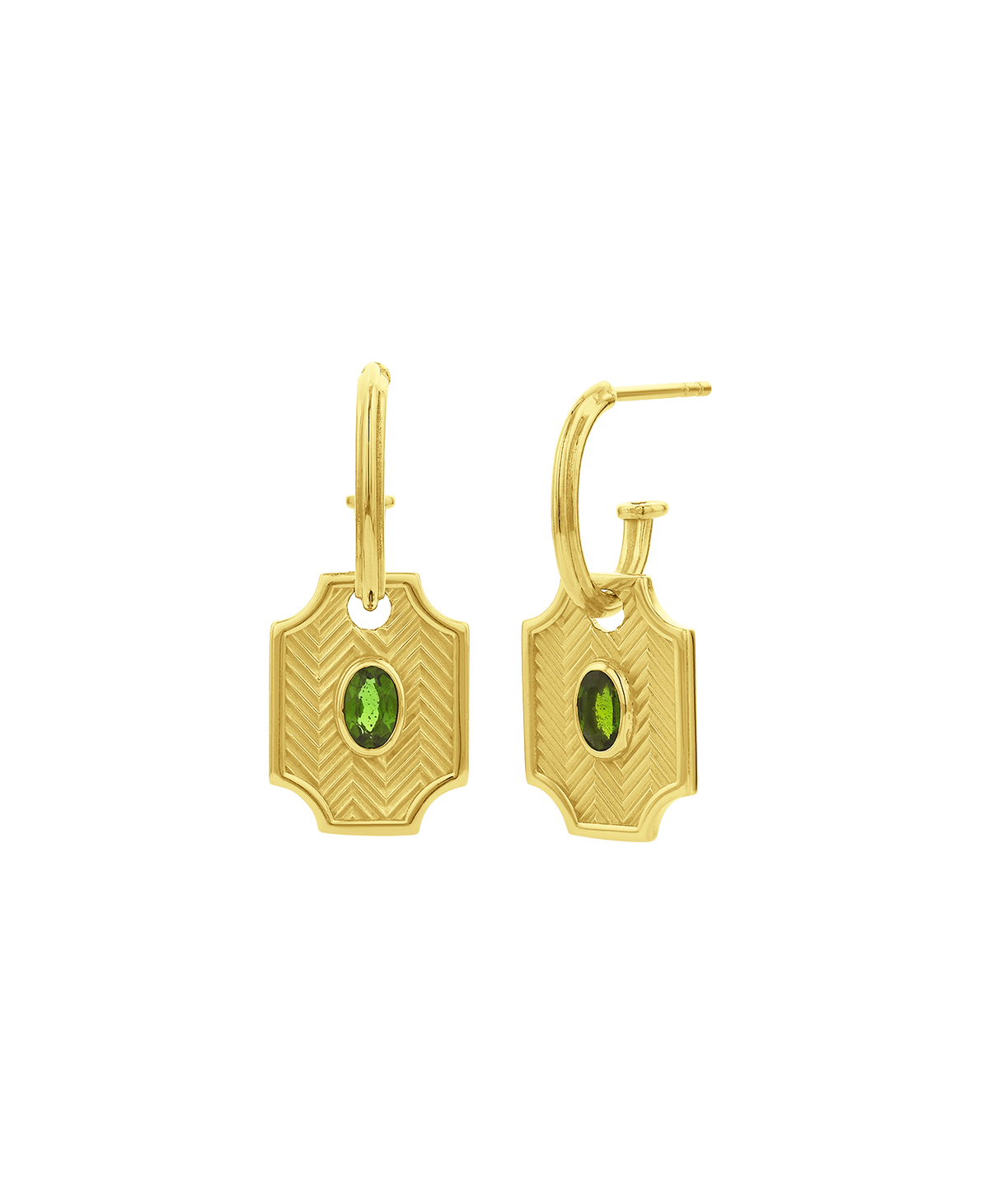 A clear cut of the Soul Sister Hoops, featuring a textured gold pendant with a central green stone on a hoop.