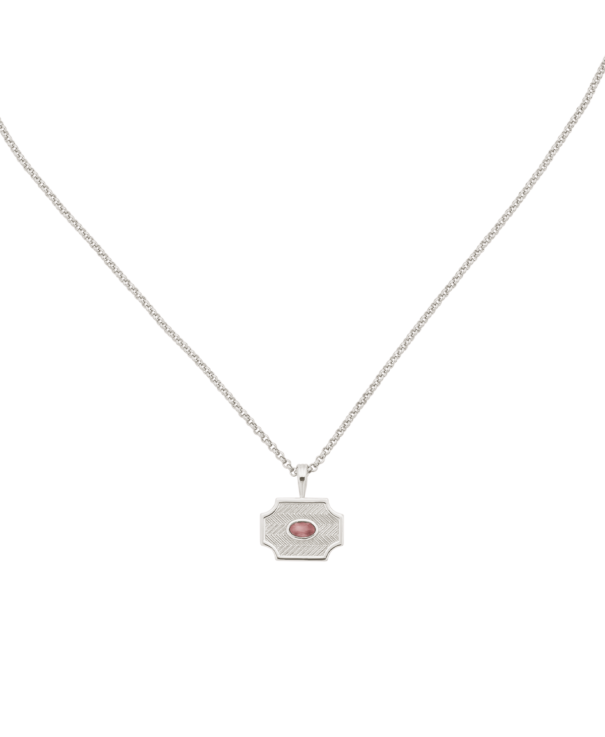 A clearcut of the Soul Sister Necklace, a gold textured pendant with a central pink stone, suspended from a fine belcher chain.
