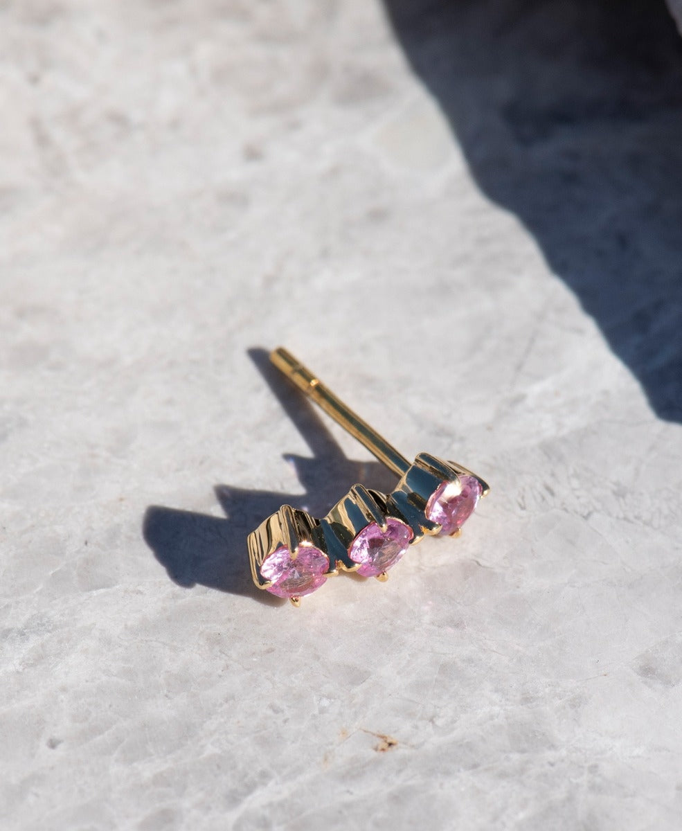 Three Graces Single Stud - 18k Yellow Gold, Pink Sapphire